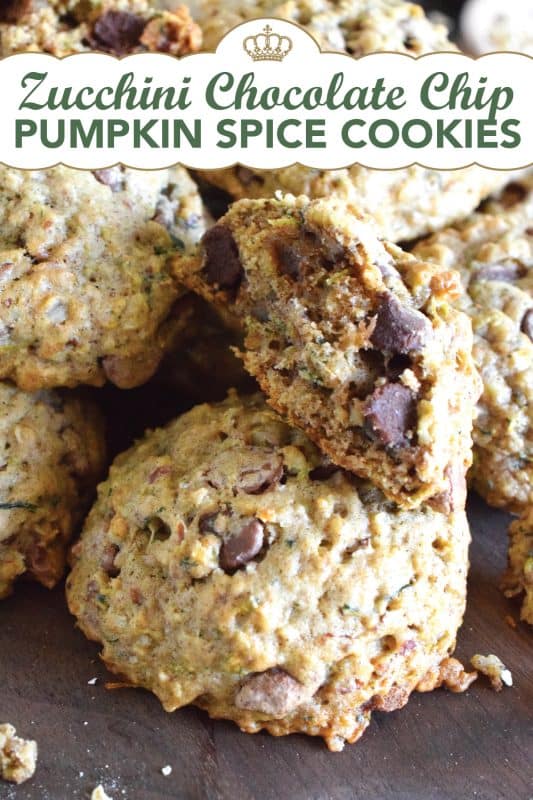These deliciously soft and chewy cookies are baked with healthy amount of shredded zucchini and rolled oats. Flavoured with a pumpkin spice blend and sweetened with milk chocolate chips, these cookies also have crunch factor with toasted chopped walnuts! #pumpkinspice #zucchini #cookies #chocolate