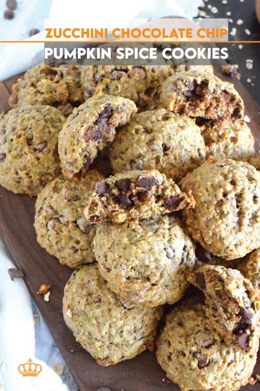 These deliciously soft and chewy cookies are baked with healthy amount of shredded zucchini and rolled oats. Flavoured with a pumpkin spice blend and sweetened with milk chocolate chips, these cookies also have crunch factor with toasted chopped walnuts! #pumpkinspice #zucchini #cookies #chocolate