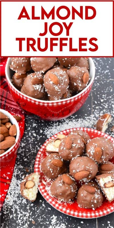 These Almond Joy Truffles taste exactly like an Almond Joy Chocolate Bar! They are so easy to make and have few ingredients. For the serious coconut lover, these truffles are perfectly sweet with a chewy center and a little almond crunch! #almondjoy #almond #hershey #truffles #balls #copycat #coconut