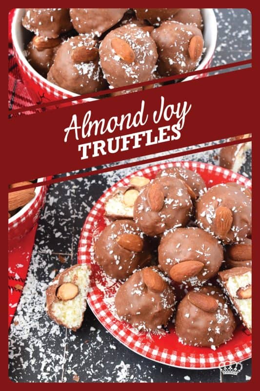 These Almond Joy Truffles taste exactly like an Almond Joy Chocolate Bar! They are so easy to make and have few ingredients. For the serious coconut lover, these truffles are perfectly sweet with a chewy center and a little almond crunch! #almondjoy #almond #hershey #truffles #balls #copycat #coconut
