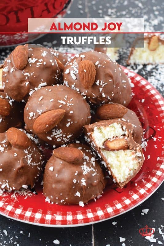 These Almond Joy Truffles taste exactly like an Almond Joy Chocolate Bar! They are so easy to make and have few ingredients. For the serious coconut lover, these truffles are perfectly sweet with a chewy center and a little almond crunch! #almondjoy #almond #hershey #truffles #balls #copycat #coconut