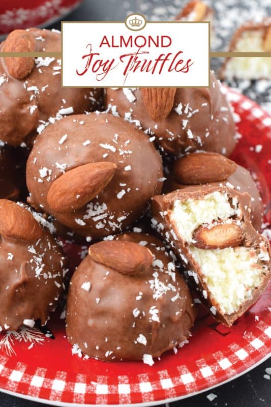 These Almond Joy Truffles taste exactly like an Almond Joy Chocolate Bar! They are so easy to make and have few ingredients. For the serious coconut lover, these truffles are perfectly sweet with a chewy center and a little almond crunch! #almondjoy #almond #hershey #truffles #balls #copycat #coconut
