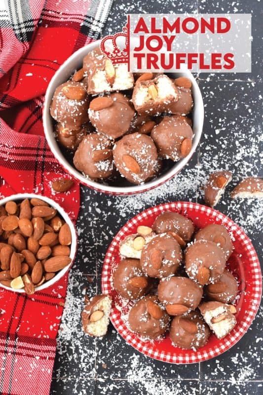 These Almond Joy Truffles taste exactly like an Almond Joy Chocolate Bar! They are so easy to make and have few ingredients. For the serious coconut lover, these truffles are perfectly sweet with a chewy center and a little almond crunch! #almondjoy #almond #hershey #truffles #balls #copycat #coconut