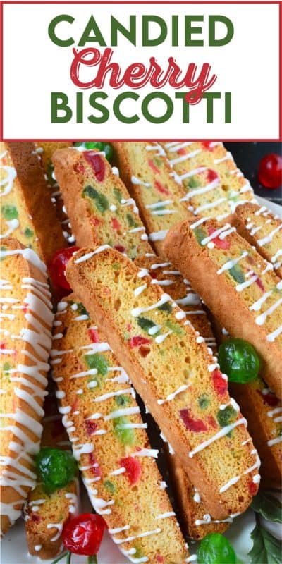 At Christmas time, candied cherries are almost unavoidable and that suits me just fine because I love them! For my Candied Cherry Biscotti recipe, use both red and green candied cherries to make these biscotti look jolly and festive! A simple, easy to prepare glaze is all you need in terms of decoration. #biscotti #candied #cherries #christmas #cookies