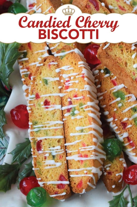 At Christmas time, candied cherries are almost unavoidable and that suits me just fine because I love them! For my Candied Cherry Biscotti recipe, use both red and green candied cherries to make these biscotti look jolly and festive! A simple, easy to prepare glaze is all you need in terms of decoration. #biscotti #candied #cherries #christmas #cookies