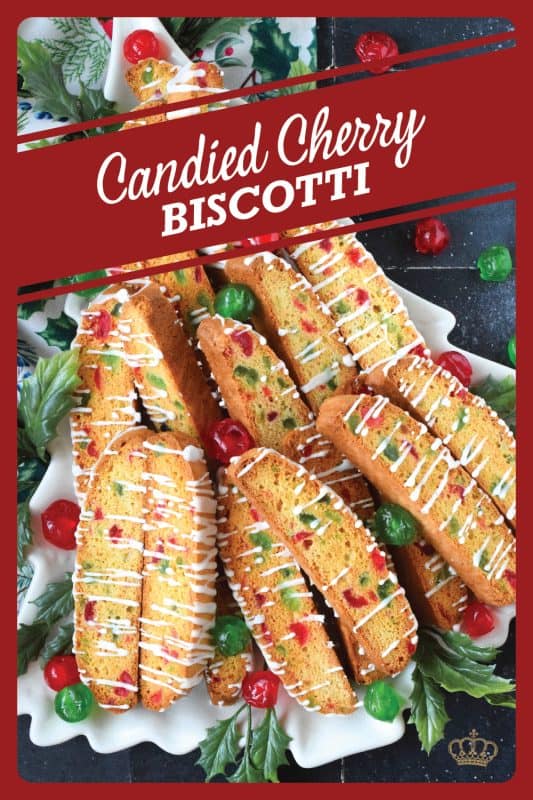 At Christmas time, candied cherries are almost unavoidable and that suits me just fine because I love them! For my Candied Cherry Biscotti recipe, use both red and green candied cherries to make these biscotti look jolly and festive! A simple, easy to prepare glaze is all you need in terms of decoration. #biscotti #candied #cherries #christmas #cookies
