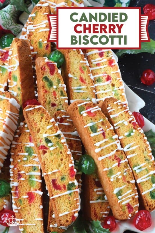 At Christmas time, candied cherries are almost unavoidable and that suits me just fine because I love them! For my Candied Cherry Biscotti recipe, use both red and green candied cherries to make these biscotti look jolly and festive! A simple, easy to prepare glaze is all you need in terms of decoration. #biscotti #candied #cherries #christmas #cookies