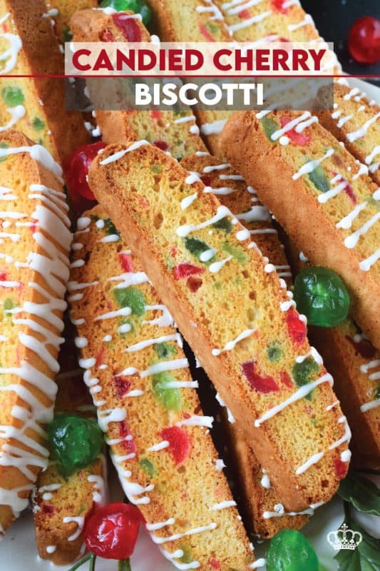 At Christmas time, candied cherries are almost unavoidable and that suits me just fine because I love them! For my Candied Cherry Biscotti recipe, use both red and green candied cherries to make these biscotti look jolly and festive! A simple, easy to prepare glaze is all you need in terms of decoration. #biscotti #candied #cherries #christmas #cookies