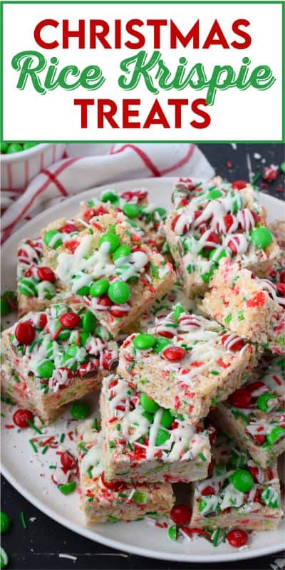 Everyone’s favourite treat, these Christmas Rice Krispie Treats are loaded with red and green candy-coated chocolates as well as festive sprinkles and drizzled with melted candy melts. Easy to prepare and fun to eat, these can be prepared with regular or vegan marshmallows if you have any dietary restrictions. #ricekrispie #mandms #mms #treats #christmas #nobake #cereal