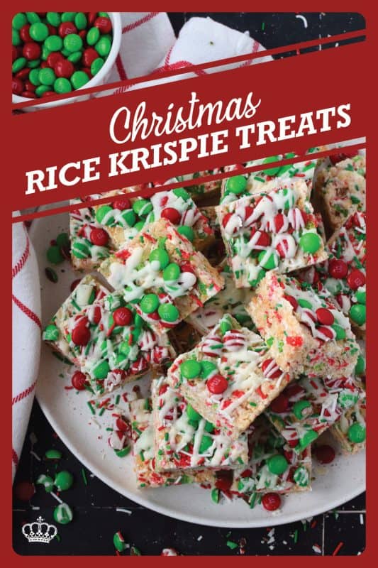 Everyone’s favourite treat, these Christmas Rice Krispie Treats are loaded with red and green candy-coated chocolates as well as festive sprinkles and drizzled with melted candy melts. Easy to prepare and fun to eat, these can be prepared with regular or vegan marshmallows if you have any dietary restrictions. #ricekrispie #mandms #mms #treats #christmas #nobake #cereal
