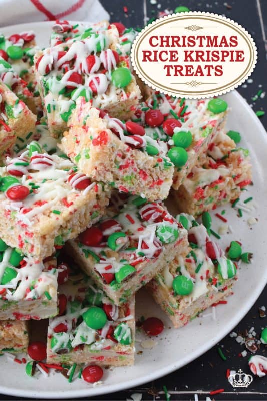 Everyone’s favourite treat, these Christmas Rice Krispie Treats are loaded with red and green candy-coated chocolates as well as festive sprinkles and drizzled with melted candy melts. Easy to prepare and fun to eat, these can be prepared with regular or vegan marshmallows if you have any dietary restrictions. #ricekrispie #mandms #mms #treats #christmas #nobake #cereal