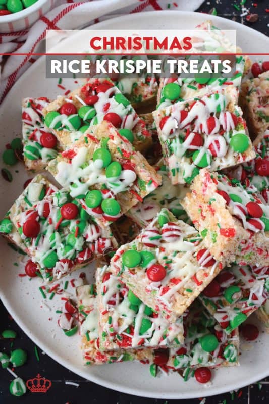 Everyone’s favourite treat, these Christmas Rice Krispie Treats are loaded with red and green candy-coated chocolates as well as festive sprinkles and drizzled with melted candy melts. Easy to prepare and fun to eat, these can be prepared with regular or vegan marshmallows if you have any dietary restrictions. #ricekrispie #mandms #mms #treats #christmas #nobake #cereal
