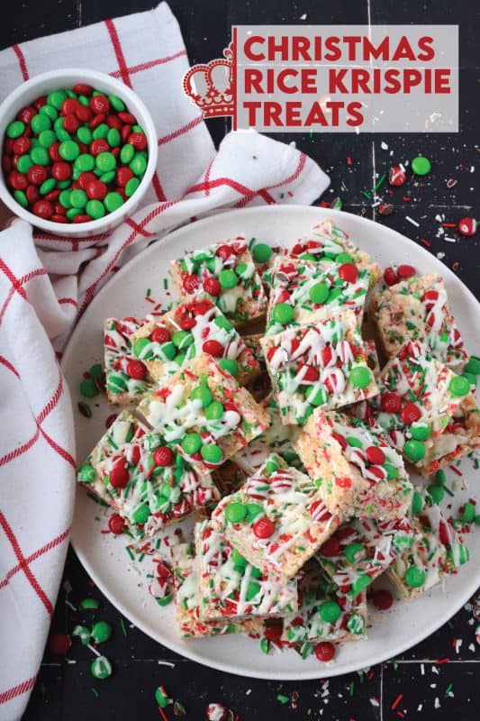 Everyone’s favourite treat, these Christmas Rice Krispie Treats are loaded with red and green candy-coated chocolates as well as festive sprinkles and drizzled with melted candy melts. Easy to prepare and fun to eat, these can be prepared with regular or vegan marshmallows if you have any dietary restrictions. #ricekrispie #mandms #mms #treats #christmas #nobake #cereal