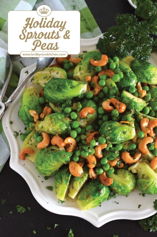 In our home, a holiday dinner isn't complete without a side consisting of brussels sprouts in some shape or form. This time around, these Holiday Sprouts and Peas are taking center stage! Perfectly cooked sprouts and peas are tossed with melted butter, onions, garlic, and cashews - absolutely delicious! #sprouts #peas #brussels #holiday #side #vegetables #vegetarian #thanksgiving #christmas