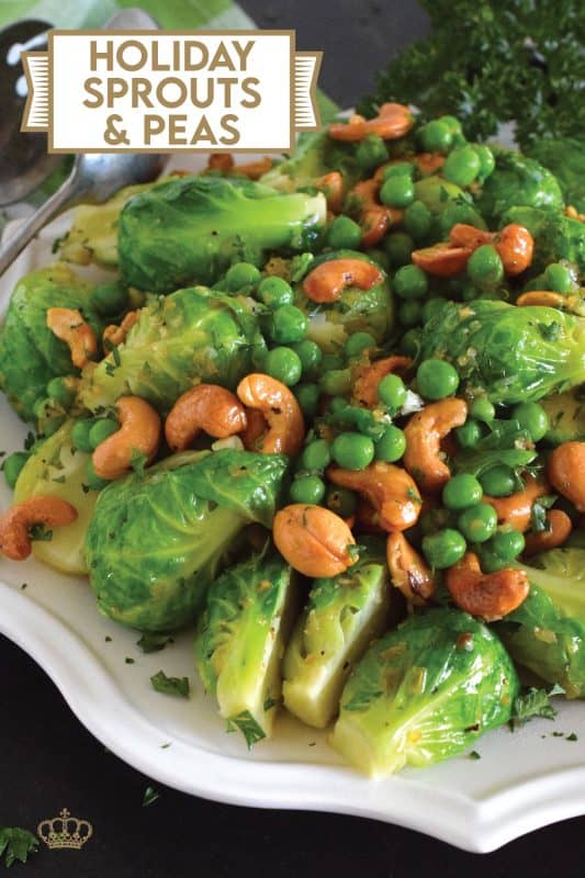In our home, a holiday dinner isn't complete without a side consisting of brussels sprouts in some shape or form. This time around, these Holiday Sprouts and Peas are taking center stage! Perfectly cooked sprouts and peas are tossed with melted butter, onions, garlic, and cashews - absolutely delicious! #sprouts #peas #brussels #holiday #side #vegetables #vegetarian #thanksgiving #christmas
