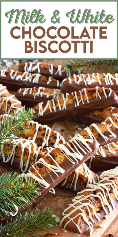 When it comes to sweet treats like biscotti, you cannot go wrong with chocolate! This recipe combines both milk and white chocolate chips into a sweet, vanilla-flavoured cookie dough.  Dip and drizzle these Milk and White Chocolate Biscotti with even more chocolate to make them even better! #biscotti #chocolate #milk #white #dipped #christmas #baking #holidays