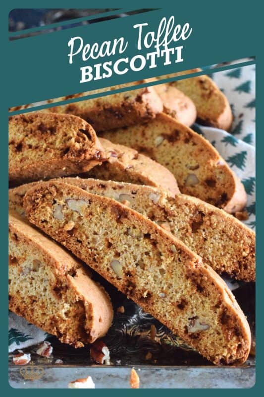 These light and crunchy Pecan Toffee Biscotti are prepared with toffee bits, toasted pecans, and warming ground cinnamon. This is a holiday confection that will be difficult to share and part with. Maybe it’s a good idea to make a double batch of these after all! #biscotti #pecan #toffee #skor #cookies