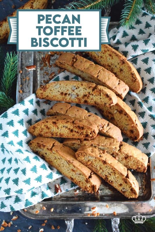 These light and crunchy Pecan Toffee Biscotti are prepared with toffee bits, toasted pecans, and warming ground cinnamon. This is a holiday confection that will be difficult to share and part with. Maybe it’s a good idea to make a double batch of these after all! #biscotti #pecan #toffee #skor #cookies