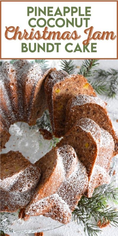 Imagine taking a big bite of cake that was prepared with pineapple, coconut, pecans, and a whole lot of homemade jam! This Pineapple Coconut Christmas Jam Bundt Cake will allow you to do just that! With a cake this delicious and this moist, a dusting of confectioner's sugar is all you need for decoration! #pineapple #jam #coconut #pecan #bundt #cake #christmas