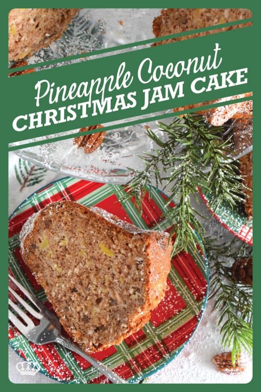 Imagine taking a big bite of cake that was prepared with pineapple, coconut, pecans, and a whole lot of homemade jam! This Pineapple Coconut Christmas Jam Bundt Cake will allow you to do just that! With a cake this delicious and this moist, a dusting of confectioner's sugar is all you need for decoration! #pineapple #jam #coconut #pecan #bundt #cake #christmas