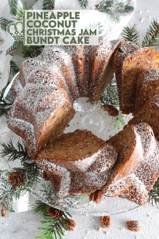 Imagine taking a big bite of cake that was prepared with pineapple, coconut, pecans, and a whole lot of homemade jam! This Pineapple Coconut Christmas Jam Bundt Cake will allow you to do just that! With a cake this delicious and this moist, a dusting of confectioner's sugar is all you need for decoration! #pineapple #jam #coconut #pecan #bundt #cake #christmas