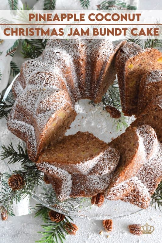 Imagine taking a big bite of cake that was prepared with pineapple, coconut, pecans, and a whole lot of homemade jam! This Pineapple Coconut Christmas Jam Bundt Cake will allow you to do just that! With a cake this delicious and this moist, a dusting of confectioner's sugar is all you need for decoration! #pineapple #jam #coconut #pecan #bundt #cake #christmas