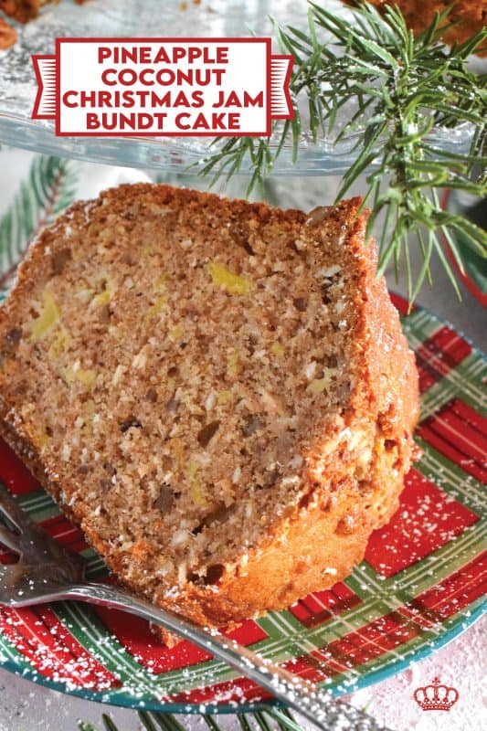 Imagine taking a big bite of cake that was prepared with pineapple, coconut, pecans, and a whole lot of homemade jam! This Pineapple Coconut Christmas Jam Bundt Cake will allow you to do just that! With a cake this delicious and this moist, a dusting of confectioner's sugar is all you need for decoration! #pineapple #jam #coconut #pecan #bundt #cake #christmas
