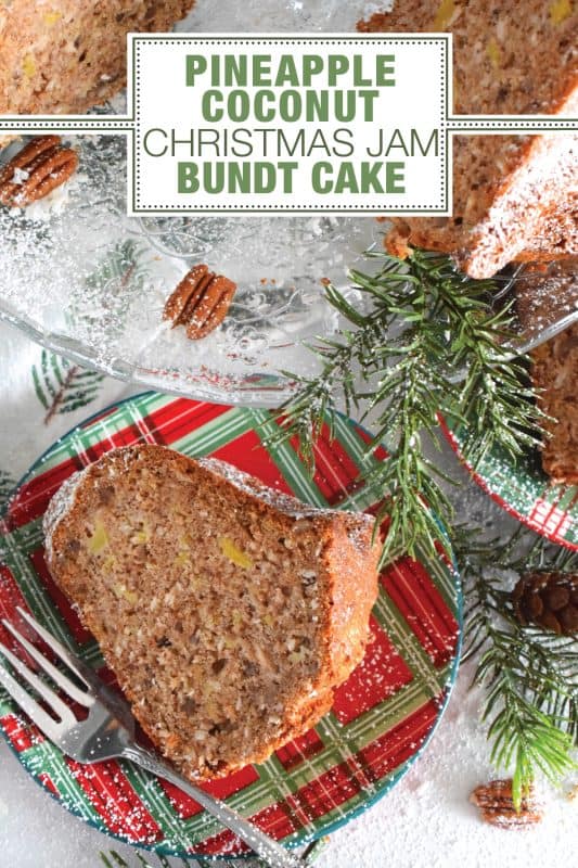 Imagine taking a big bite of cake that was prepared with pineapple, coconut, pecans, and a whole lot of homemade jam! This Pineapple Coconut Christmas Jam Bundt Cake will allow you to do just that! With a cake this delicious and this moist, a dusting of confectioner's sugar is all you need for decoration! #pineapple #jam #coconut #pecan #bundt #cake #christmas