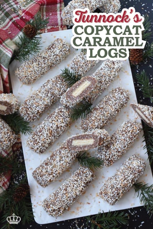 A nostalgic childhood treat that still tastes just as good today as it did all of those years ago! This copycat version of the forever popular Tunnock's Caramel Logs, is so easy to make. It tastes identical to the original, and is a great substitute for those of us who are away from home and can't quickly get our hands on the original tasty treat! #copycat #tunnocks #caramel #logs #wafer #scottish #christmas