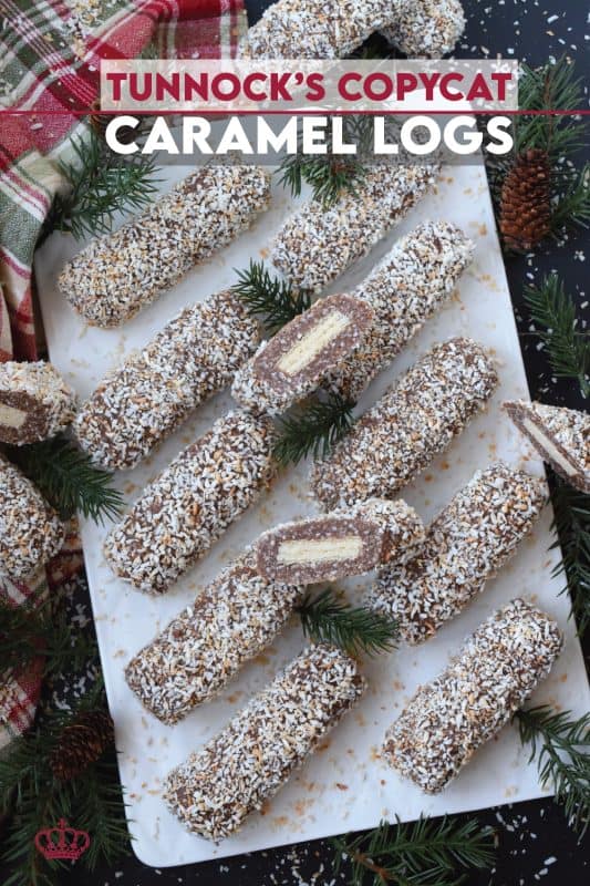 A nostalgic childhood treat that still tastes just as good today as it did all of those years ago! This copycat version of the forever popular Tunnock's Caramel Logs, is so easy to make. It tastes identical to the original, and is a great substitute for those of us who are away from home and can't quickly get our hands on the original tasty treat! #copycat #tunnocks #caramel #logs #wafer #scottish #christmas