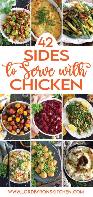 Chicken is quite a common main served is most homes for a weeknight dinner.  It’s also quite common for a Sunday evening family dinner as well! Baking a whole Chicken would be reserved for the weekend in most cases, leaving fast and easy breast and thigh meat for the week.  Deciding on which sides to serve can be overwhelming. This extensive list of 42 Sides to Serve with Chicken will provide you with options for every taste and every occassion! #chicken #sides #side #collection #list #roundup