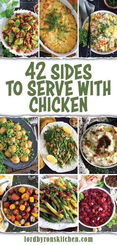 Chicken is quite a common main served is most homes for a weeknight dinner.  It’s also quite common for a Sunday evening family dinner as well! Baking a whole Chicken would be reserved for the weekend in most cases, leaving fast and easy breast and thigh meat for the week.  Deciding on which sides to serve can be overwhelming. This extensive list of 42 Sides to Serve with Chicken will provide you with options for every taste and every occassion! #chicken #sides #side #collection #list #roundup