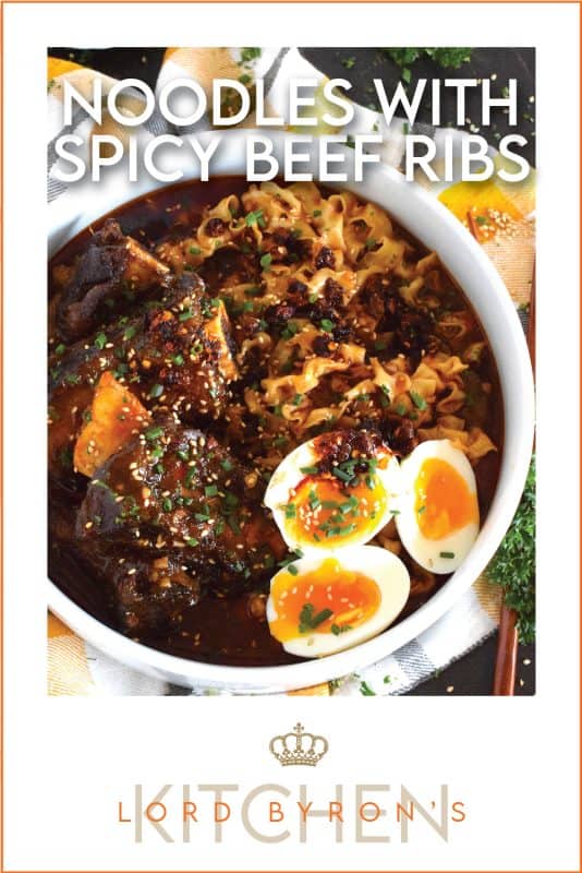 The beef is the main attraction here, but if you're a lover of ramen noodles, you will certainly love the broth the noodles are cooked in! These Noodles with Spicy Beef Ribs are certainly not on the mild side of spicy, so beware! If you prefer a mild version, the recipe card has some easy substitutions for you! #beef #beefribs #ribs #noodles #ramen #broth #spicy #dutchoven #braised #gochujang