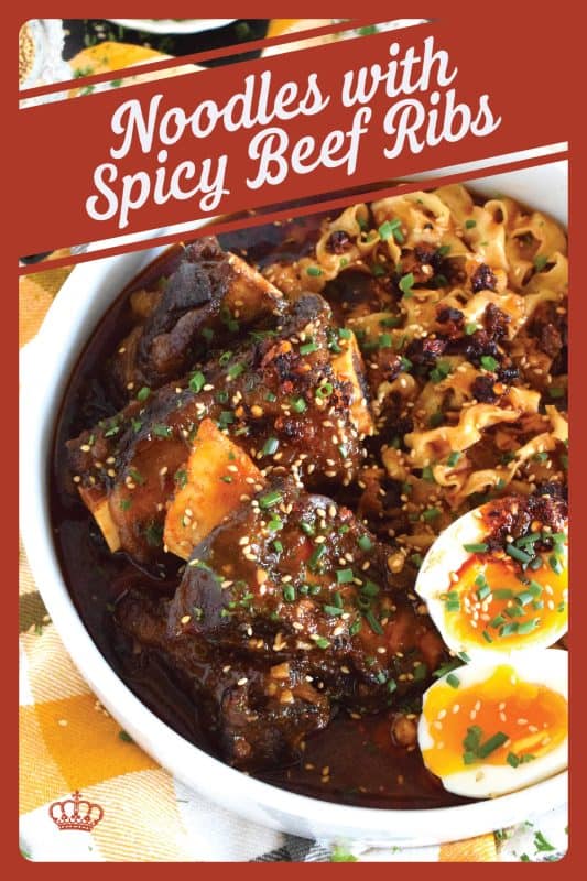The beef is the main attraction here, but if you're a lover of ramen noodles, you will certainly love the broth the noodles are cooked in! These Noodles with Spicy Beef Ribs are certainly not on the mild side of spicy, so beware! If you prefer a mild version, the recipe card has some easy substitutions for you! #beef #beefribs #ribs #noodles #ramen #broth #spicy #dutchoven #braised #gochujang
