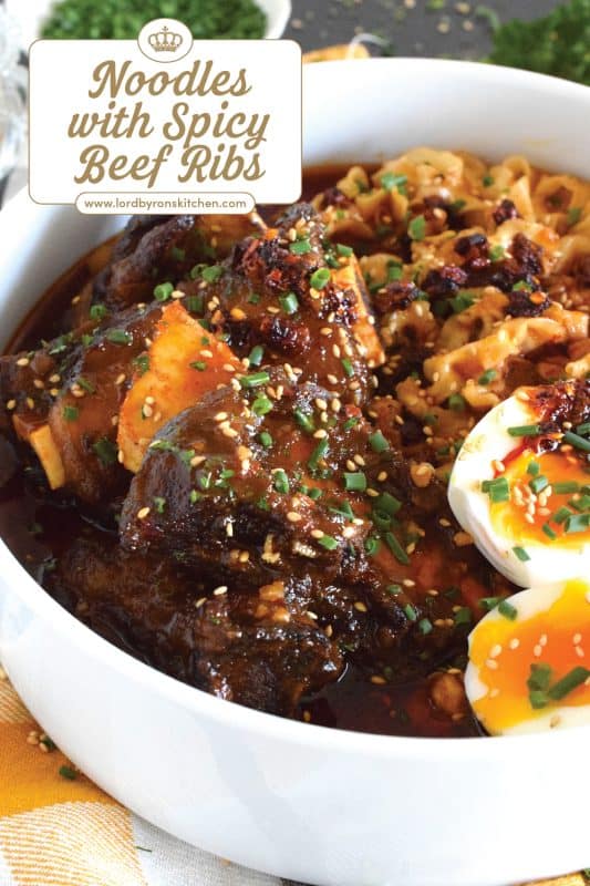 The beef is the main attraction here, but if you're a lover of ramen noodles, you will certainly love the broth the noodles are cooked in! These Noodles with Spicy Beef Ribs are certainly not on the mild side of spicy, so beware! If you prefer a mild version, the recipe card has some easy substitutions for you! #beef #beefribs #ribs #noodles #ramen #broth #spicy #dutchoven #braised #gochujang