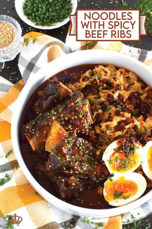 The beef is the main attraction here, but if you're a lover of ramen noodles, you will certainly love the broth the noodles are cooked in! These Noodles with Spicy Beef Ribs are certainly not on the mild side of spicy, so beware! If you prefer a mild version, the recipe card has some easy substitutions for you! #beef #beefribs #ribs #noodles #ramen #broth #spicy #dutchoven #braised #gochujang