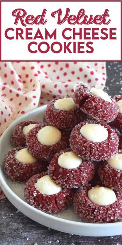 Soft and moist, chocolatey and sweet, the flavour of these Red Velvet Cream Cheese Cookies are well balanced with the slightly sour cream cheese filling. Deliciously simple, yet beautifully impressive, these would make a thoughtful and lovely treat for Valentine's Day! #redvelvet #cookies #creamcheese #thumbprint #valentine