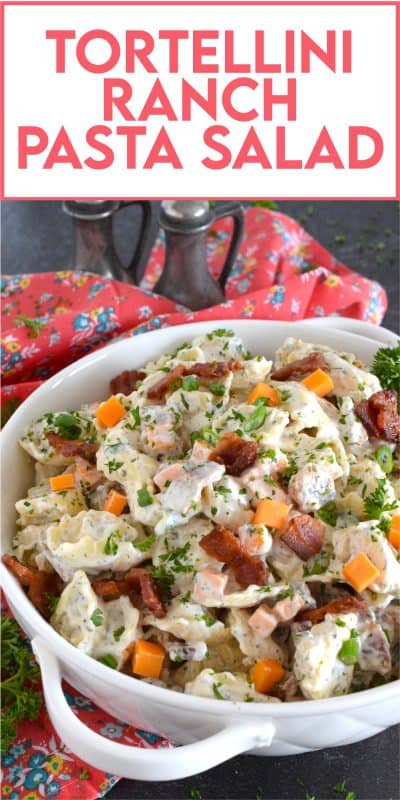 Serve this Tortellini Ranch Pasta Salad for lunch or dinner on a hot summer day just as is, or serve it as a side with your favourite summer grilled mains! The diced cheddar cheese and the crumbled smoky bacon make this pasta salad extra delicous! #pasta #salad #pastasalad #buttermilk #ranch #tortellini