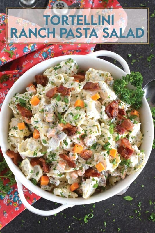 Serve this Tortellini Ranch Pasta Salad for lunch or dinner on a hot summer day just as is, or serve it as a side with your favourite summer grilled mains! The diced cheddar cheese and the crumbled smoky bacon make this pasta salad extra delicous! #pasta #salad #pastasalad #buttermilk #ranch #tortellini