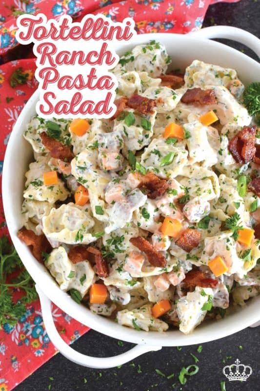 Serve this Tortellini Ranch Pasta Salad for lunch or dinner on a hot summer day just as is, or serve it as a side with your favourite summer grilled mains! The diced cheddar cheese and the crumbled smoky bacon make this pasta salad extra delicous! #pasta #salad #pastasalad #buttermilk #ranch #tortellini