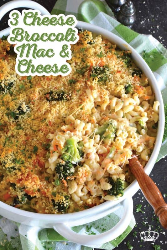 3 Cheese Broccoli Mac and Cheese starts with a classic roux paired with lots of fresh or frozen broccoli florets along with copius amounts of shredded cheddar cheese and topped with a buttery panko breadcrumb. Baked to perfection this dish is absolute perfection! #macandcheese #macaroni #cheese #cheesy #broccoli