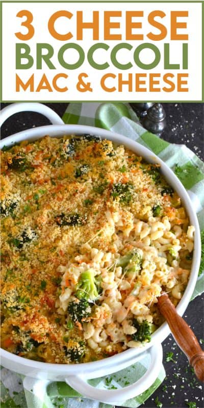 3 Cheese Broccoli Mac and Cheese starts with a classic roux paired with lots of fresh or frozen broccoli florets along with copius amounts of shredded cheddar cheese and topped with a buttery panko breadcrumb. Baked to perfection this dish is absolute perfection! #macandcheese #macaroni #cheese #cheesy #broccoli