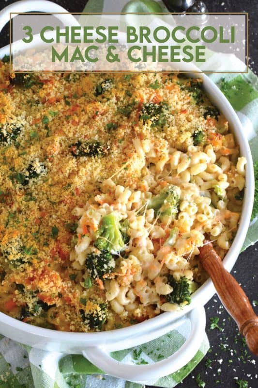 3 Cheese Broccoli Mac and Cheese starts with a classic roux paired with lots of fresh or frozen broccoli florets along with copius amounts of shredded cheddar cheese and topped with a buttery panko breadcrumb. Baked to perfection this dish is absolute perfection! #macandcheese #macaroni #cheese #cheesy #broccoli