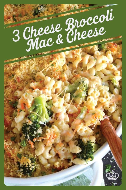 3 Cheese Broccoli Mac and Cheese starts with a classic roux paired with lots of fresh or frozen broccoli florets along with copius amounts of shredded cheddar cheese and topped with a buttery panko breadcrumb. Baked to perfection this dish is absolute perfection! #macandcheese #macaroni #cheese #cheesy #broccoli