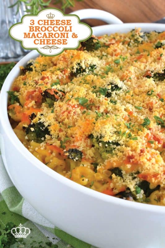 3 Cheese Broccoli Mac and Cheese starts with a classic roux paired with lots of fresh or frozen broccoli florets along with copius amounts of shredded cheddar cheese and topped with a buttery panko breadcrumb. Baked to perfection this dish is absolute perfection! #macandcheese #macaroni #cheese #cheesy #broccoli