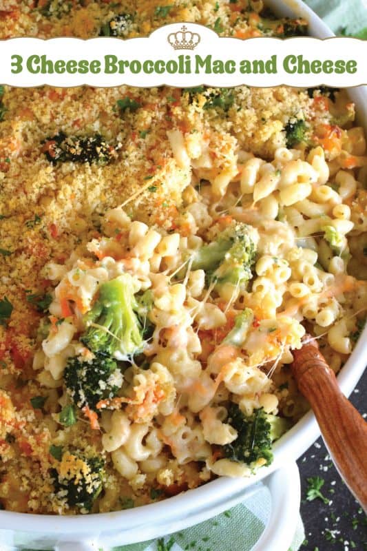 3 Cheese Broccoli Mac and Cheese starts with a classic roux paired with lots of fresh or frozen broccoli florets along with copius amounts of shredded cheddar cheese and topped with a buttery panko breadcrumb. Baked to perfection this dish is absolute perfection! #macandcheese #macaroni #cheese #cheesy #broccoli