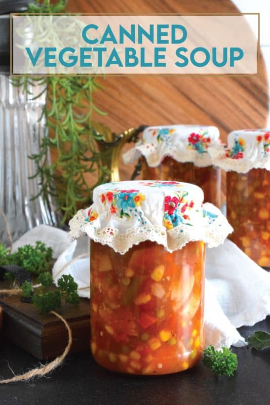 This soup is hearty and filling! Canned Vegetable Soup is in fact more like a stew than a soup! It has a dense, homestyle tomato flavour combined with lots of fresh and good-for-you vegetables too. This recipe is prepared with canning instructions for long-terms pantry storage, but you can make this soup without canning it as well! #vegetable #vegetablesoup #soup #canning #preserved #pantry #pressurecanned