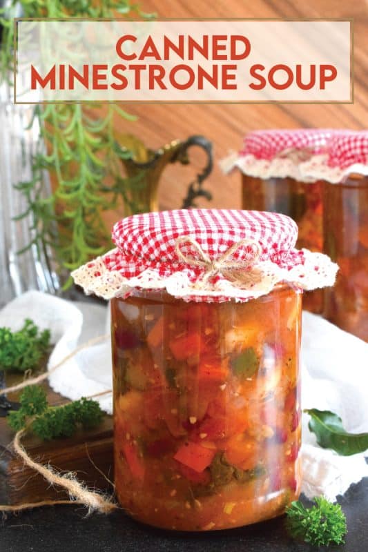 This is a copycat version of Olive Garden's Minestrone Soup.  It is prepared for long-term storage employing the pressure canning method.  This delicious soup is loaded with vegetables and beans.  When reheating, pasta is added too!  This recipe can be prepared for immediate use if you are not looking to can for your pantry. #minestrone #soup #canning #preserving #pressurecanning #copycat #pantry #vegetarian
