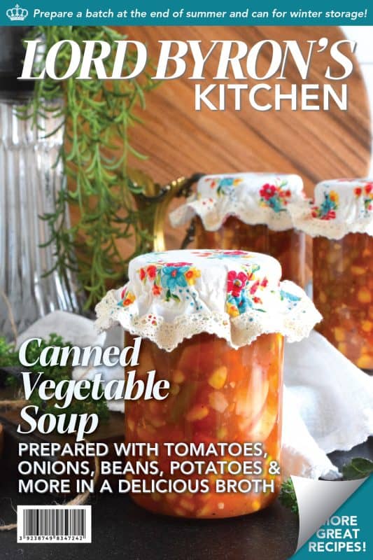 This soup is hearty and filling! Canned Vegetable Soup is in fact more like a stew than a soup! It has a dense, homestyle tomato flavour combined with lots of fresh and good-for-you vegetables too. This recipe is prepared with canning instructions for long-terms pantry storage, but you can make this soup without canning it as well! #vegetable #vegetablesoup #soup #canning #preserved #pantry #pressurecanned
