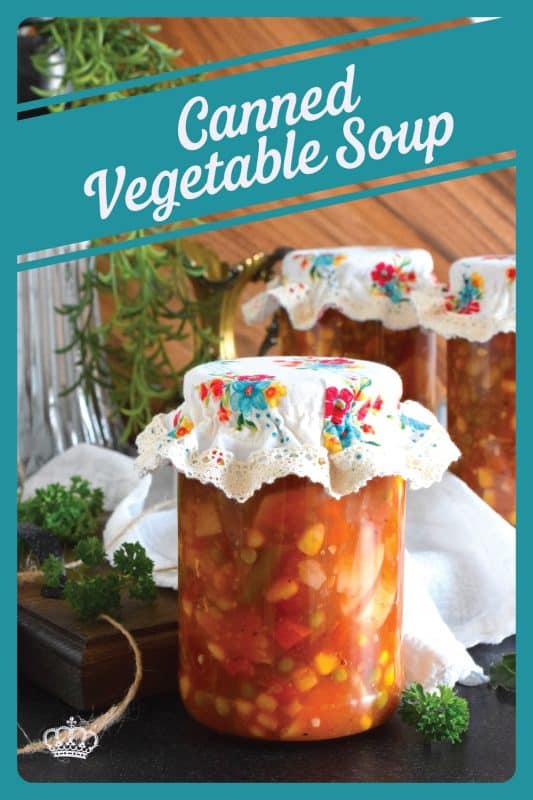 This soup is hearty and filling! Canned Vegetable Soup is in fact more like a stew than a soup! It has a dense, homestyle tomato flavour combined with lots of fresh and good-for-you vegetables too. This recipe is prepared with canning instructions for long-terms pantry storage, but you can make this soup without canning it as well! #vegetable #vegetablesoup #soup #canning #preserved #pantry #pressurecanned